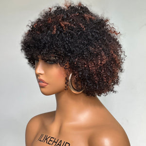 Wear & Go Blonde Highlights Glueless Afro Curly Bob Wig With Bangs
