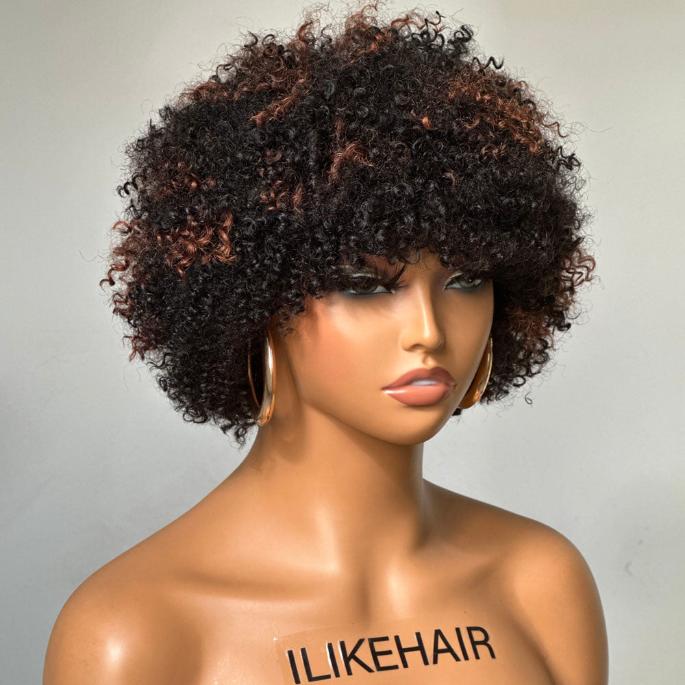Wear & Go Blonde Highlights Glueless Afro Curly Bob Wig With Bangs