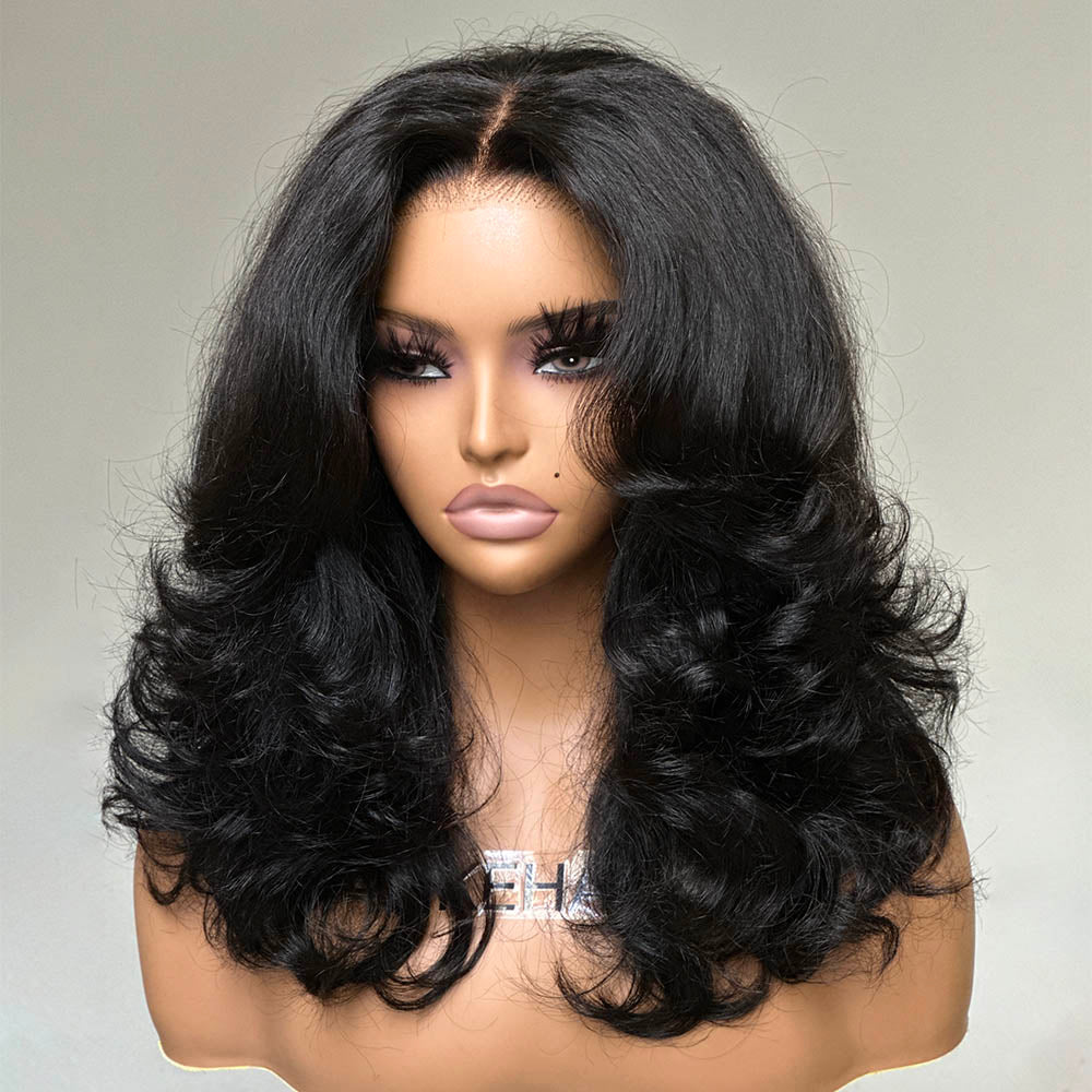 Glueless Layered Wavy Pre-cut With Curtain Bangs 4x4 Lace Closure Wig