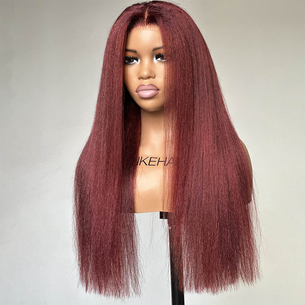 Natural Dark Red Kinky Straight 13x4 HD Lace Front Wig