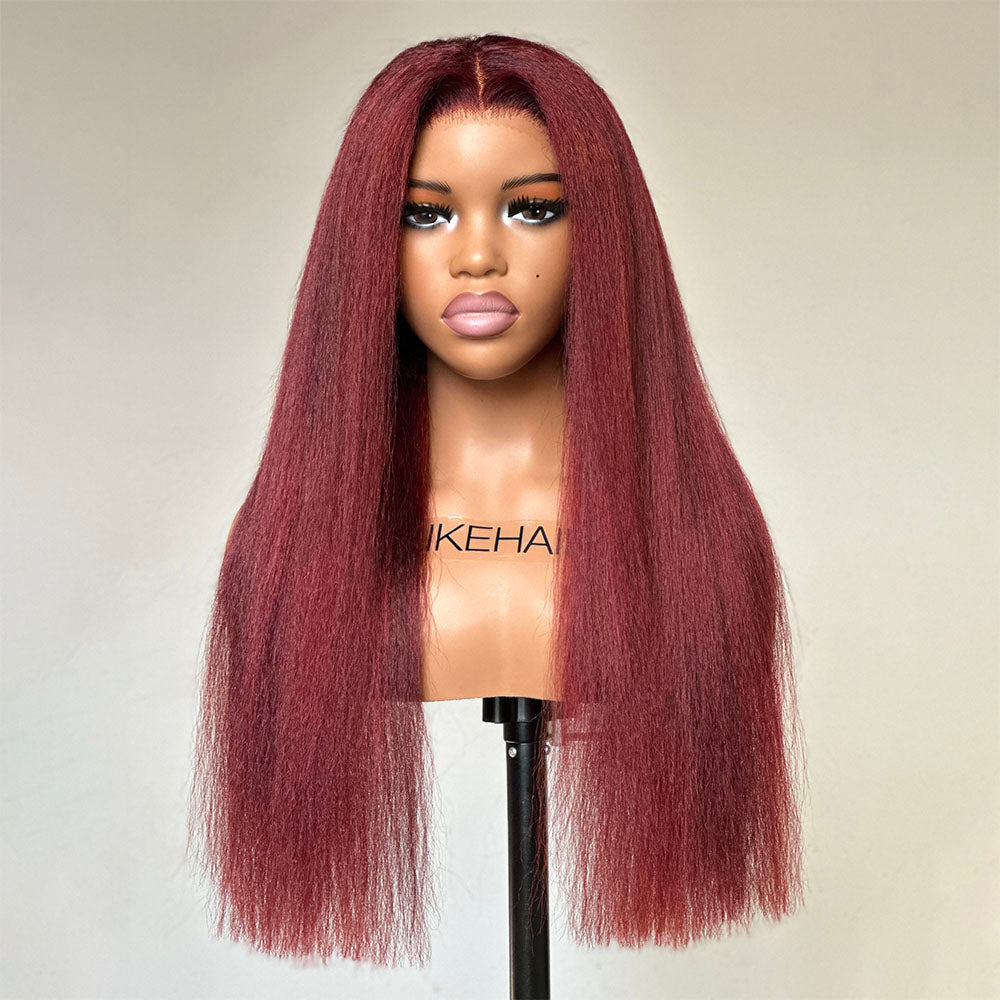 Natural Dark Red Kinky Straight 13x4 HD Lace Front Wig