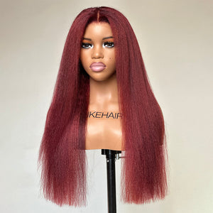 
            
                Load image into Gallery viewer, Natural Dark Red Kinky Straight 13x4 HD Lace Front Wig
            
        