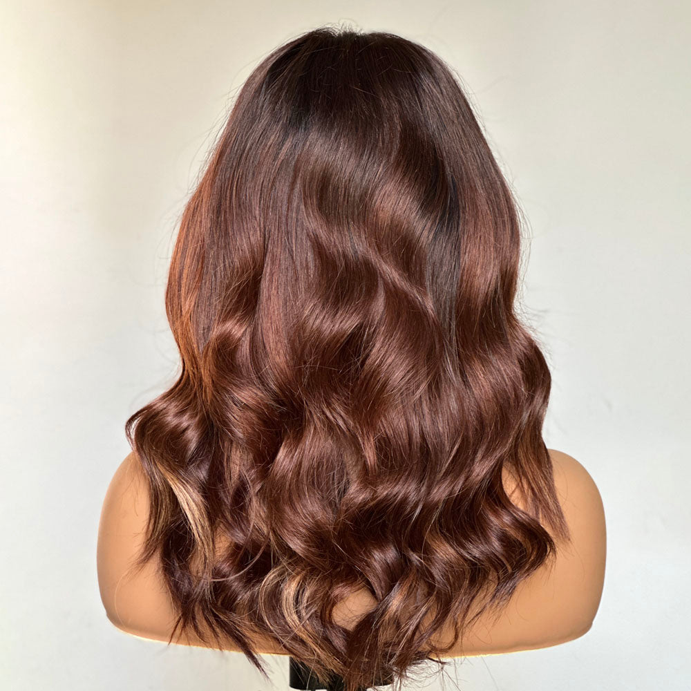 Ombre Chestnut Brown Highlights Designer Layered Wavy Curtain Bangs 5x5 Lace Closure Wig