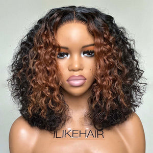 
            
                Load image into Gallery viewer, Short Brown Highlights Fluffy Curly Glueless 4x4 Lace Closure Wig
            
        