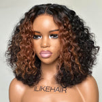 Short Brown Highlights Fluffy Curly Glueless 5x5 Lace Closure Wig