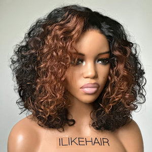 
            
                Load image into Gallery viewer, Short Brown Highlights Fluffy Curly Glueless 4x4 Lace Closure Wig
            
        