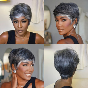 Salt And Pepper Layered Pixie Cut Wig with Bangs