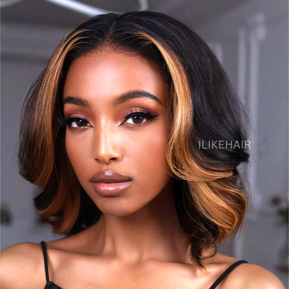 Short Layered Bob With Honey Blonde Highlights 5x5 Lace Closure Wig