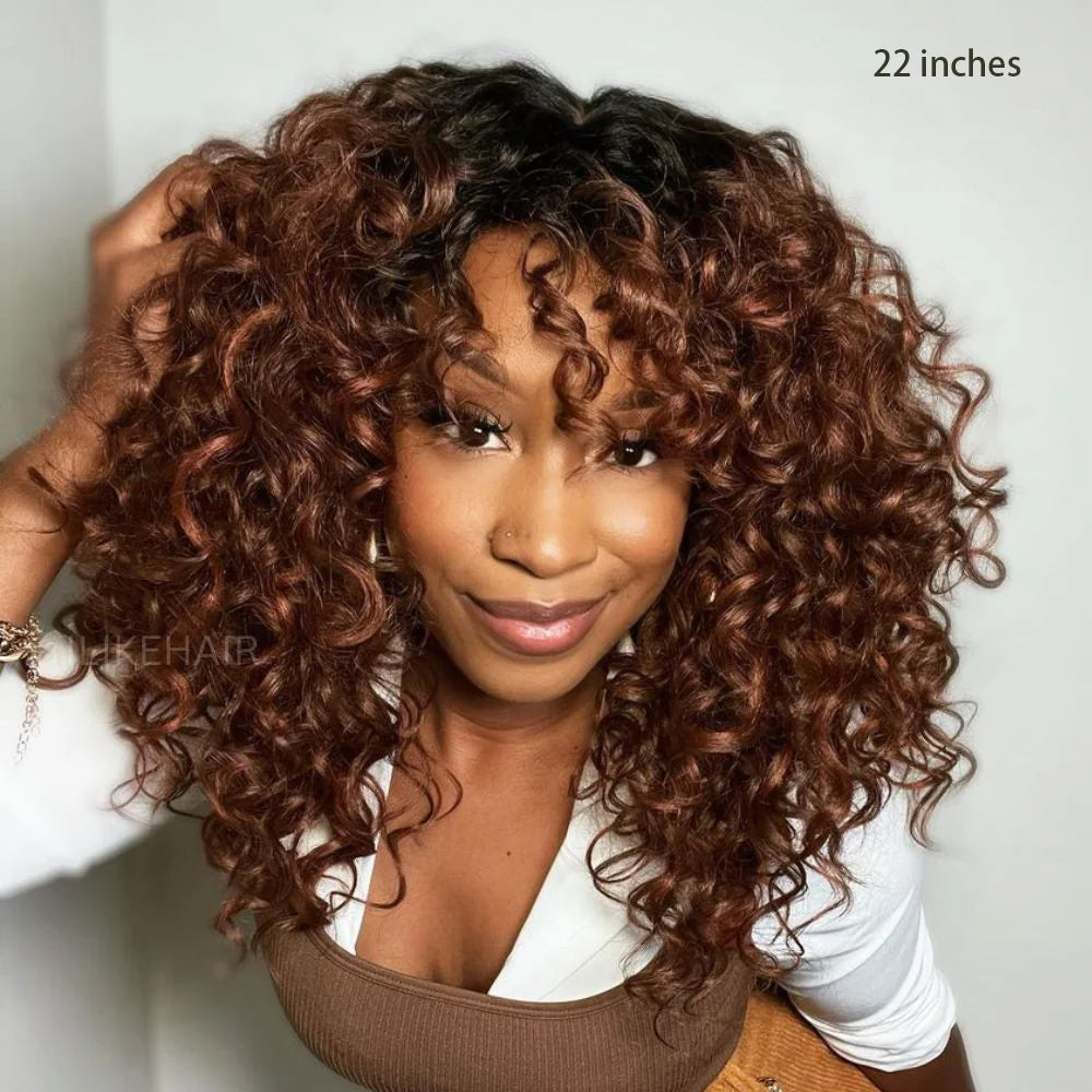 Glueless Ginger Brown Dark Root Curly  Wig With Bangs