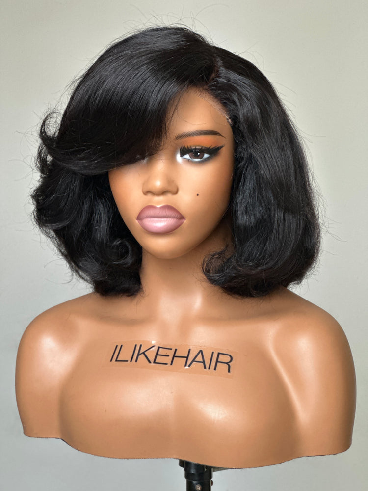
            
                Load image into Gallery viewer, Natural Black Short Layered Bob 13x4 Lace Front Wavy Wig
            
        