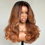 Light Brown With Dark Root Layered Cut Curly 5x5 Lace Closure Wig