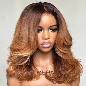 Light Brown With Dark Root Layered Cut Curly 5x5 Lace Closure Wig