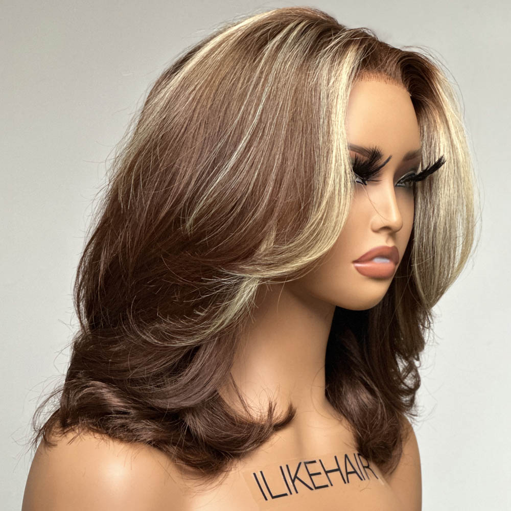 
            
                Load image into Gallery viewer, Short Chocolate Brown With Blonde Highlights Layered Cut 13x4 Lace Front Wig
            
        