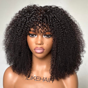 Natural Afro Kinky Curly With Bangs 5x5 Lace Closure Wig