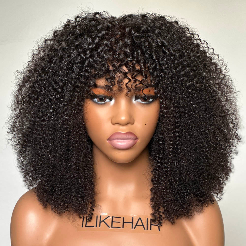 Natural Afro Kinky Curly With Bangs 5x5 Lace Closure Wig