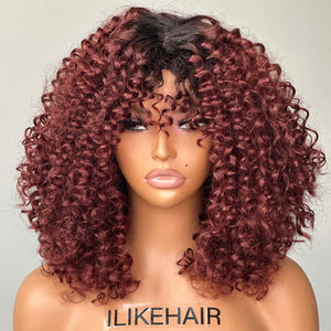 Put on & Go Reddish Brown With Dark Root Curly Bob Wig With Bangs