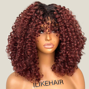 Put on & Go Reddish Brown With Dark Root Curly Bob Wig With Bangs