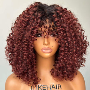 Wear & Go Reddish Brown With Dark Root Curly Bob Wig With Bangs