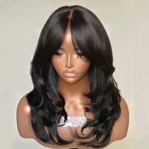 Elegant Put on & Go Layered Wavy Curtain Bangs 4x4 Lace Closure Wig