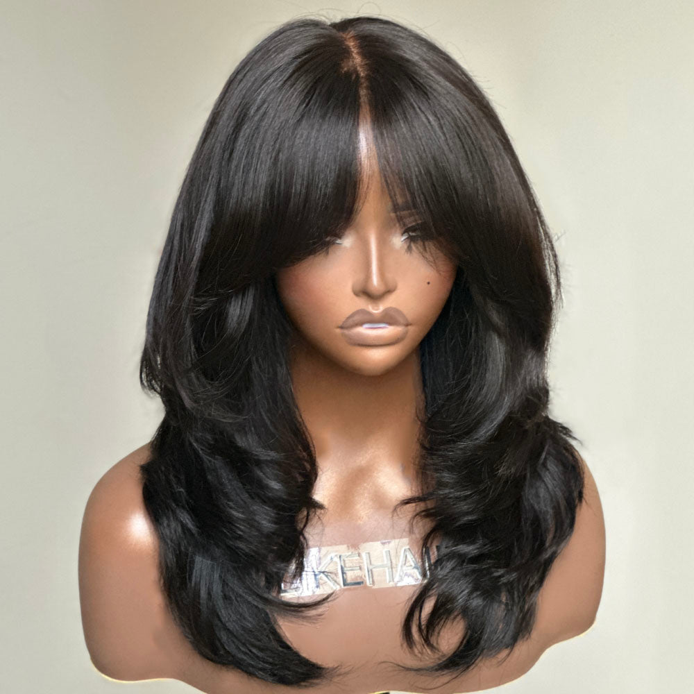 Elegant Put on & Go Layered Wavy Curtain Bangs 4x4 Lace Closure Wig