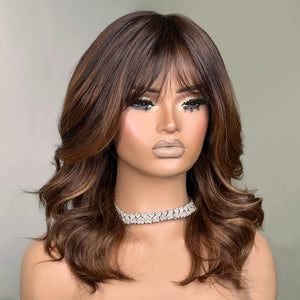 Natural Ombre Chestnut Brown Wavy 13x4 Lace Front Wig With Bangs