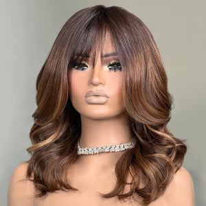 Natural Ombre Chestnut Brown Wavy 13x4 Lace Front Wig With Bangs