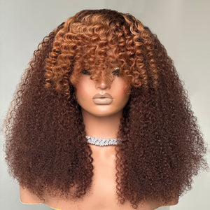 Wear & Go Glueless Brown Curly Wig With Blonde Bangs