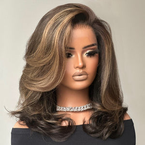 Dark Brown with Blonde Highlights Layered Wavy Lace Wig