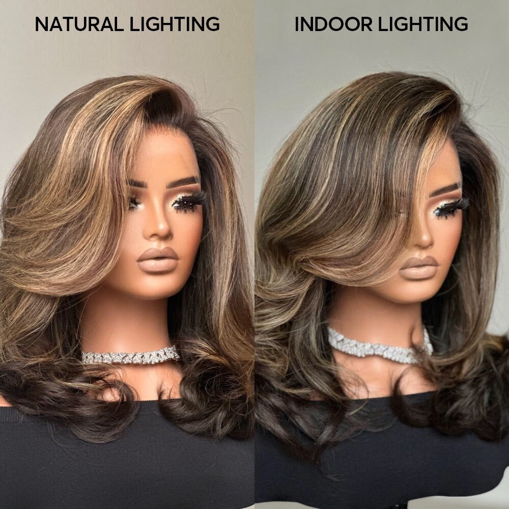 Dark Brown with Blonde Highlights Layered Wavy Lace Wig