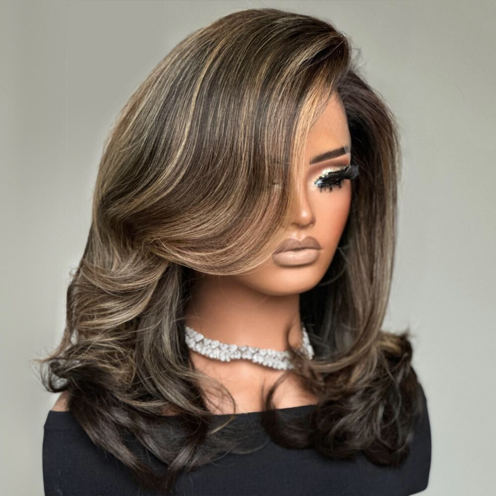 Dark Brown with Blonde Highlights Layered Wavy Lace Wig