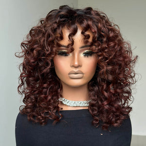 Glueless Reddish Brown With Dark Root Bouncy Curl 5x5 Lace Wig