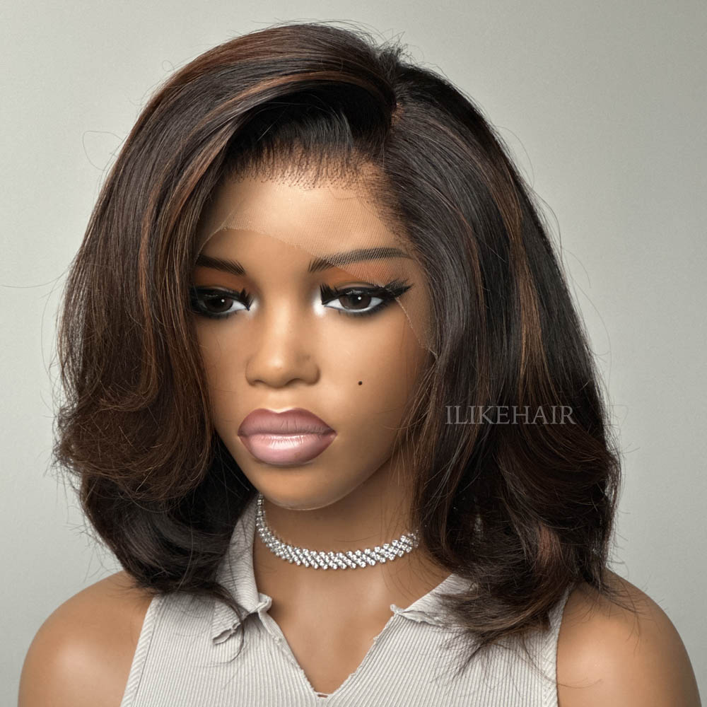 Blowout Brown Highlights Layered Cut 13x4 Lace Front Wig