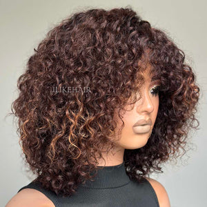 Wear & Go Brown Highlight Curly Bob Wig With Bangs