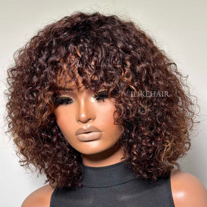 Wear & Go Brown Highlight Curly Bob Wig With Bangs