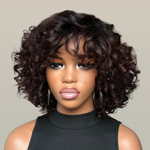 Wear & Go Brown Curly Bob With Bangs 5x5 Lace Closure Wig