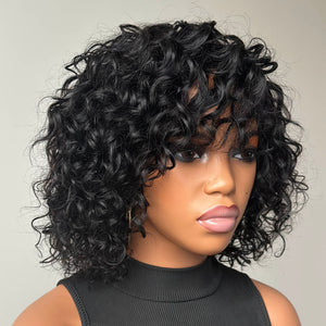 Wear & Go Natural Black Short Curly Bob Wig With Bangs