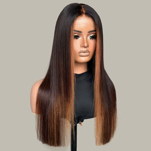 Classic Brown With Blonde Highlights Silky Straight Glueless 5x5 Closure Lace Wig