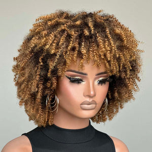 Wear & Go Honey Blonde Highlights Afro Kinky Coily Glueless Bob Wig With Bangs