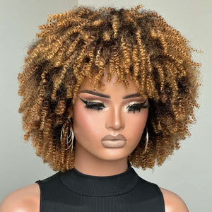 Wear & Go Honey Blonde Highlights Afro Kinky Coily Glueless Bob Wig With Bangs