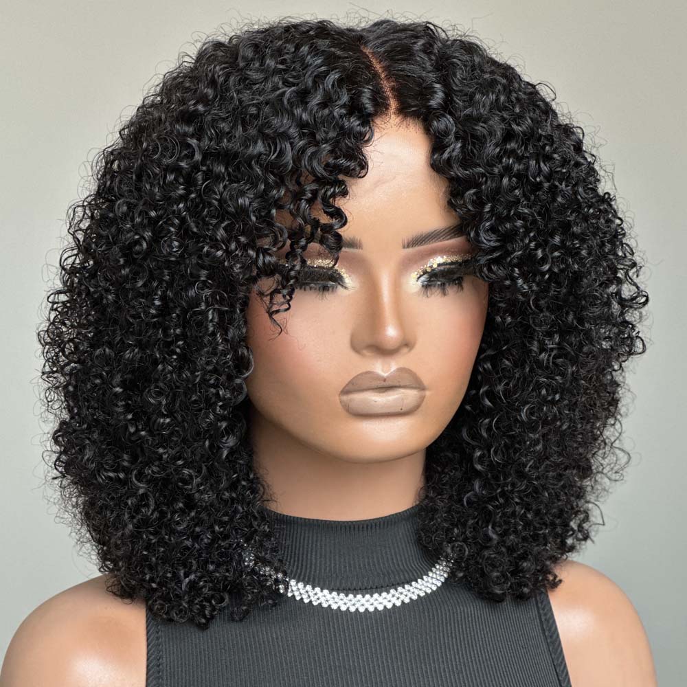 Natural Black Fluffy Jerry Curly Glueless 5x5 Closure Lace Wig