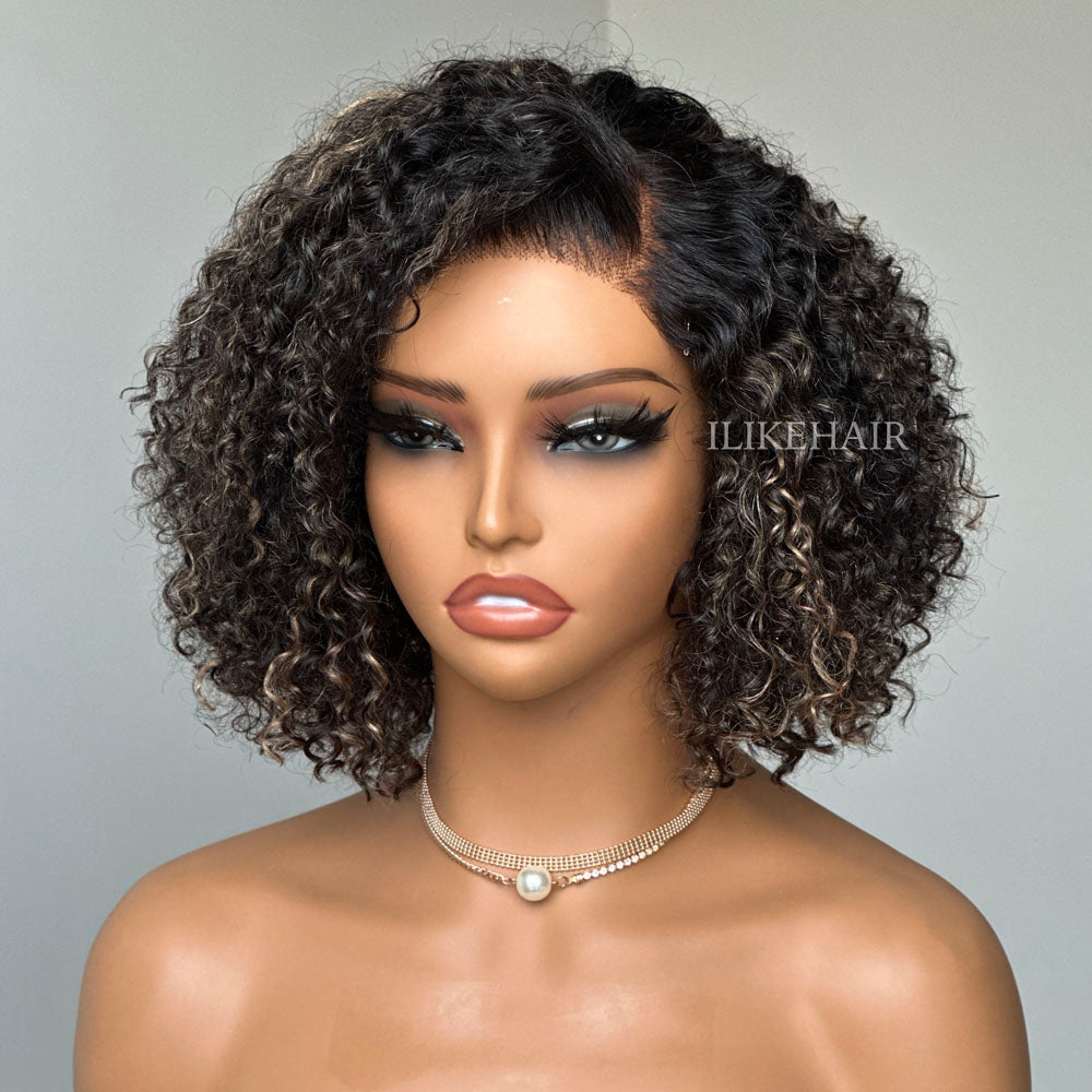 Blonde Highlight Kinky Curly Glueless Bob 5x5 Lace Closure Wig