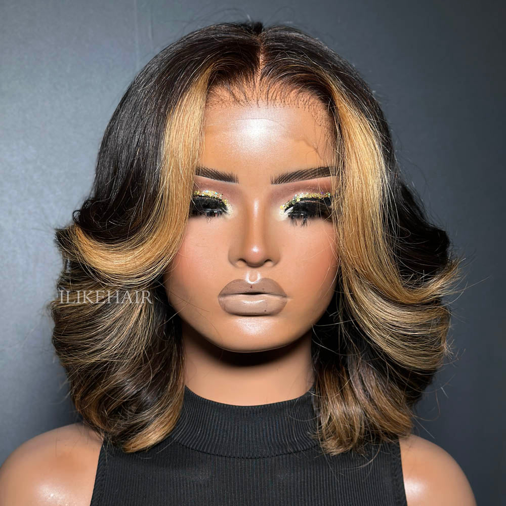 Blonde Highlights Layered Wavy Bob Lace Wig