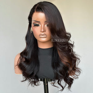 Brown Highlights Side Part Layered Cut Wavy Lace Wig