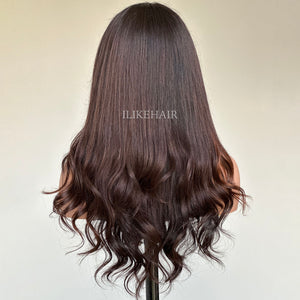 Brown Highlights Side Part Layered Cut Wavy Lace Wig