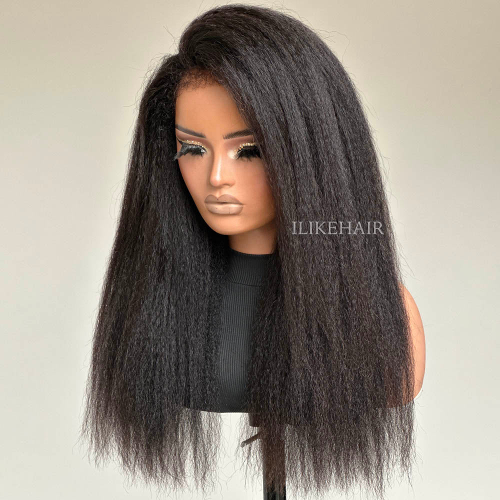 Glueless Hybrid Hairline With Kinky Straight 9x4 Lace Ventilated Wig