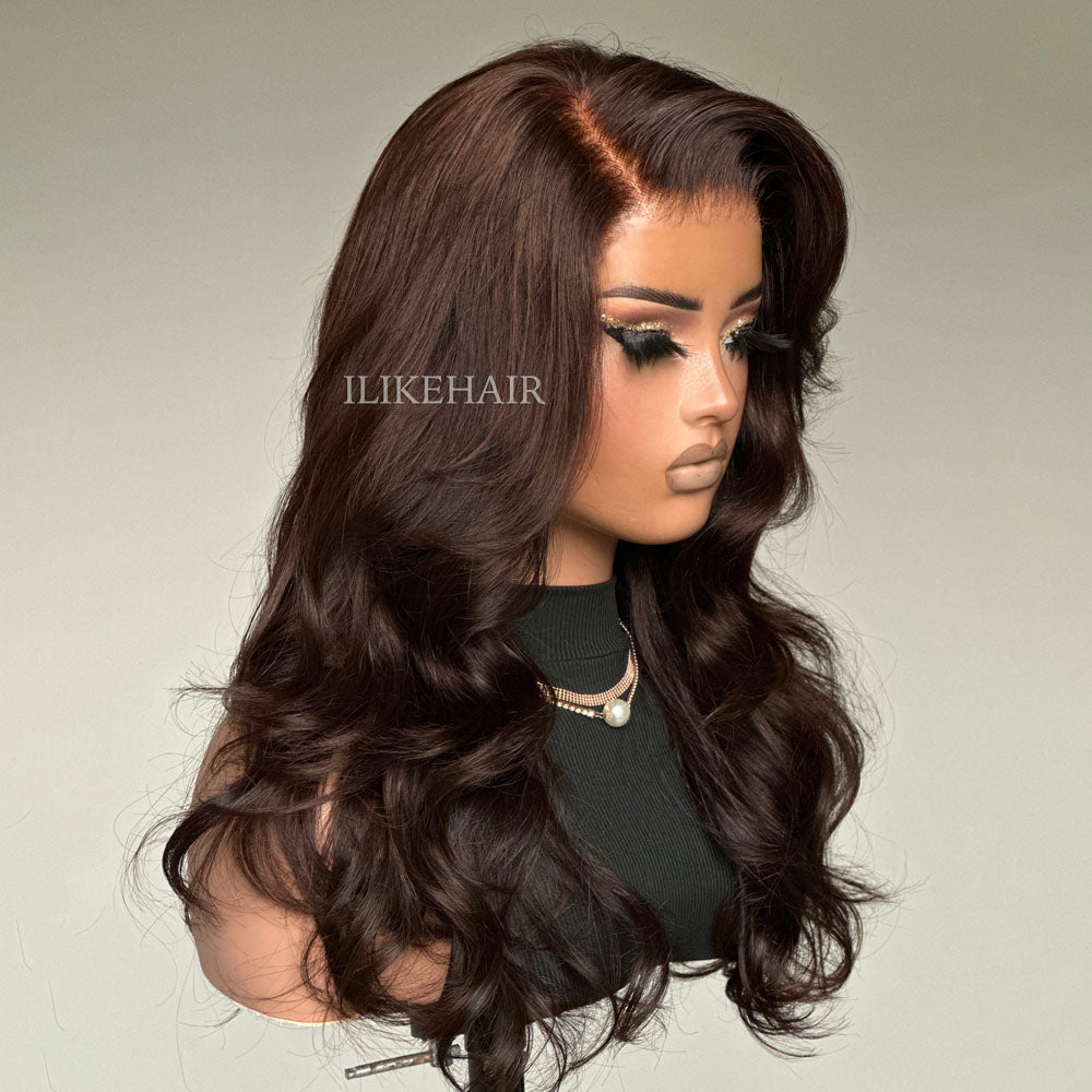 Dark Brown Layered Wavy With Side Bang Lace Wig