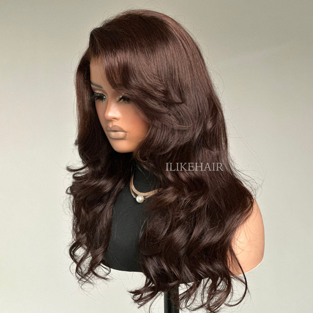 Dark Brown Layered Wavy With Side Bang Lace Wig