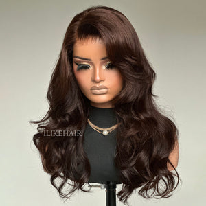 Dark Brown Layered Wavy With Side Bang Lace Wig