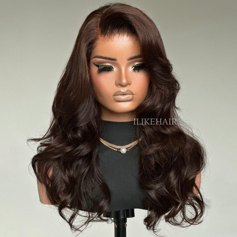 Dark Brown Layered Wavy With Side Bang Lace Wig