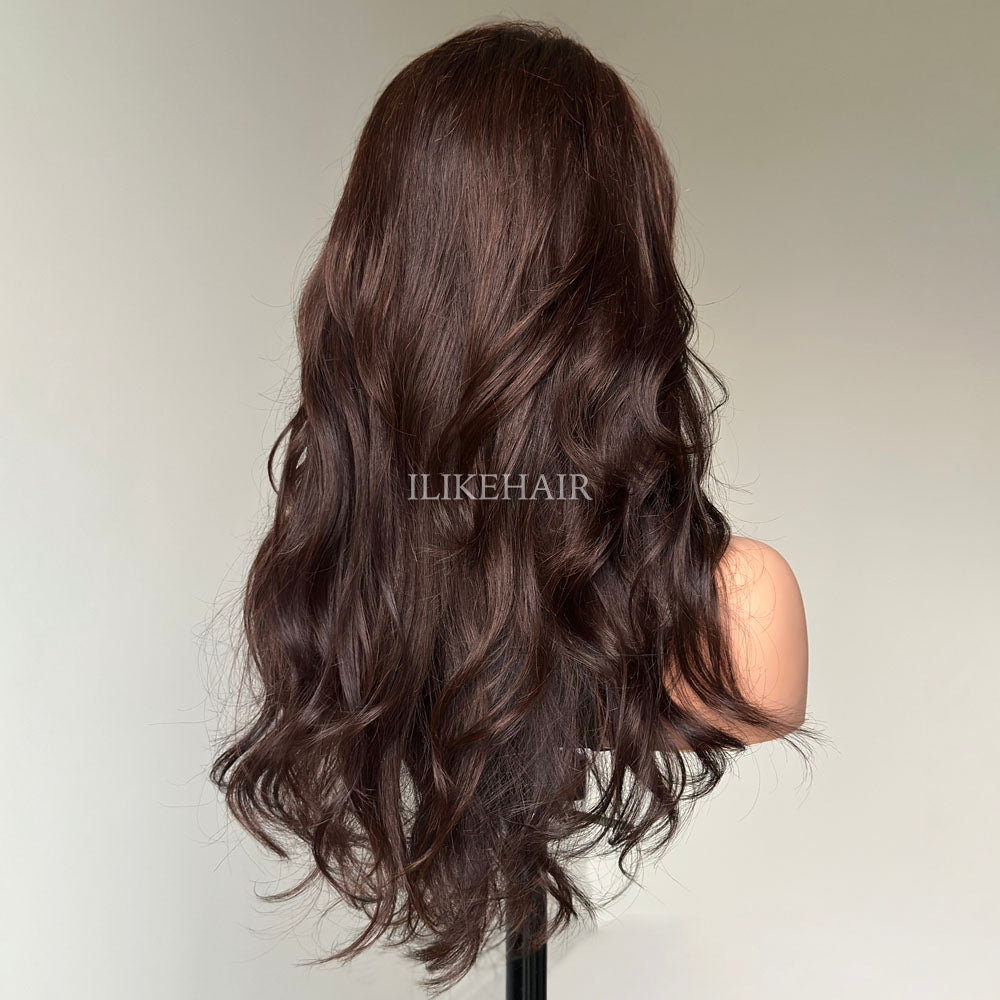 Dark Brown Layered Wavy With Side Bang Lace Wig